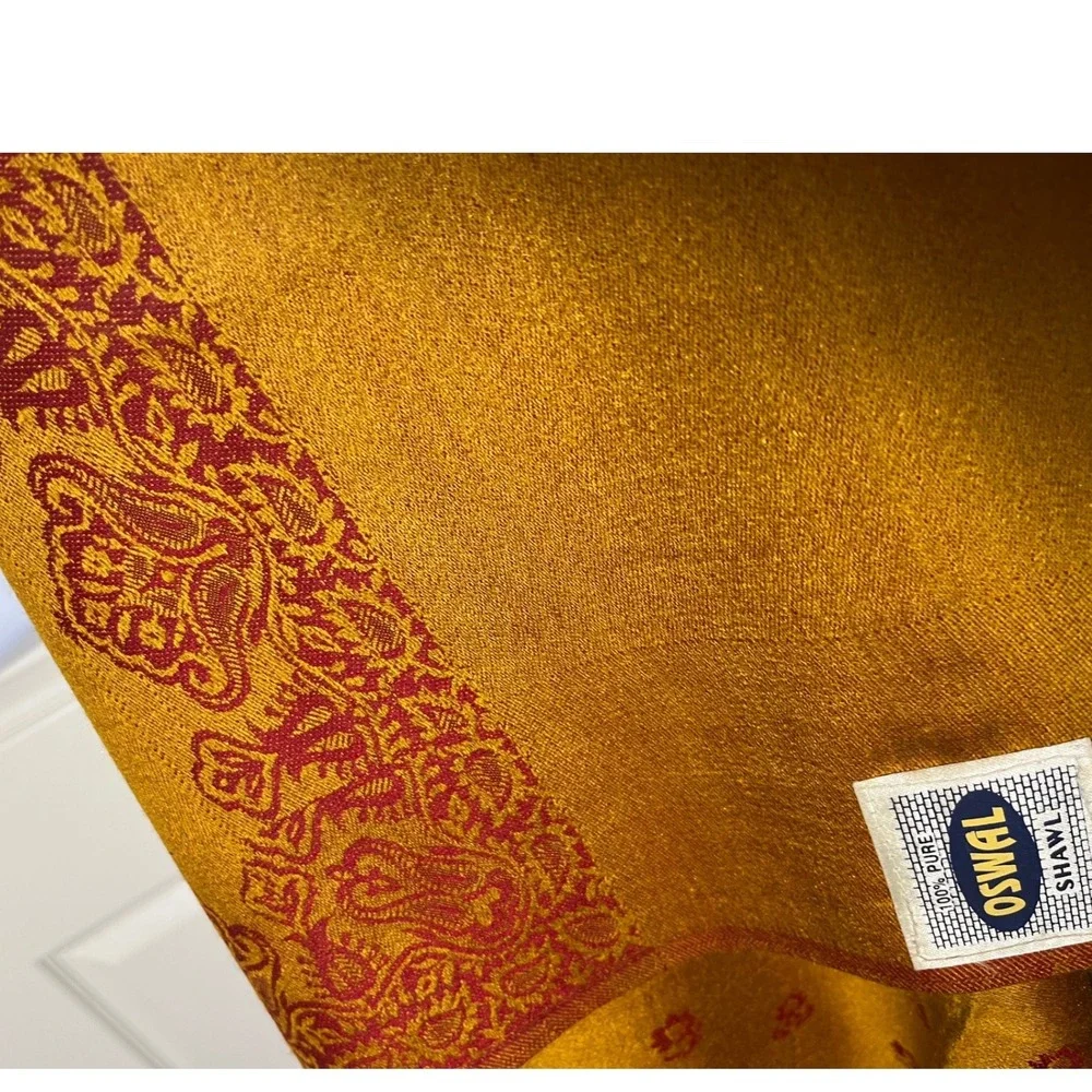 100% Wool Shawl Oswal Paisley Mustard Yellow Maroon Red Wrap Floral Paisley Vtg
